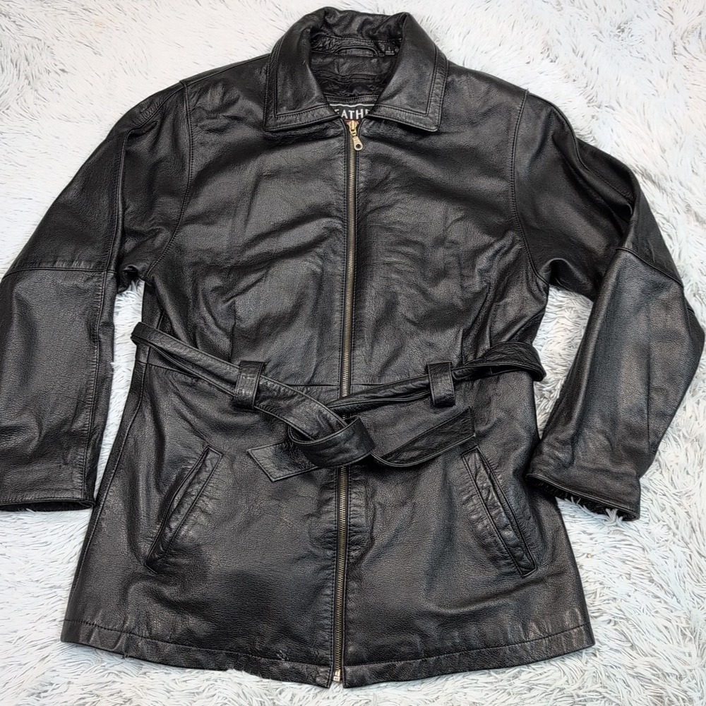Leather‎ Limited Jacket Womens L Black Belted Coat Pockets Softshell Preppy